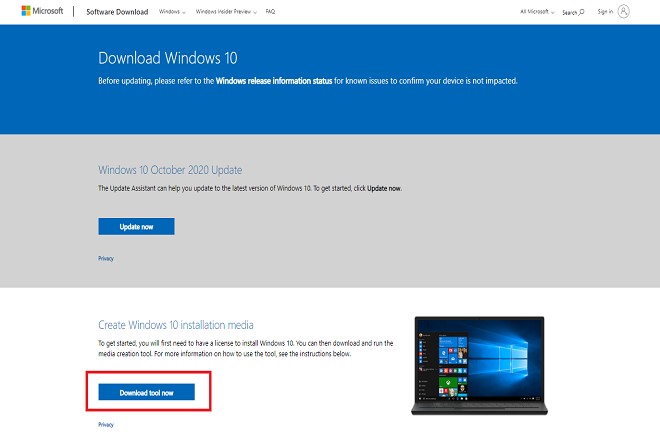 Botón de descarga Windows 10