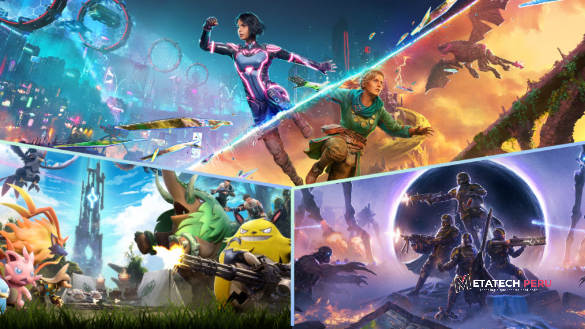Banner de Shop Metatech Perú promocionando videojuegos digitales originales para PC y consolas, con portadas de juegos populares y logos de Steam, Xbox y PlayStation.